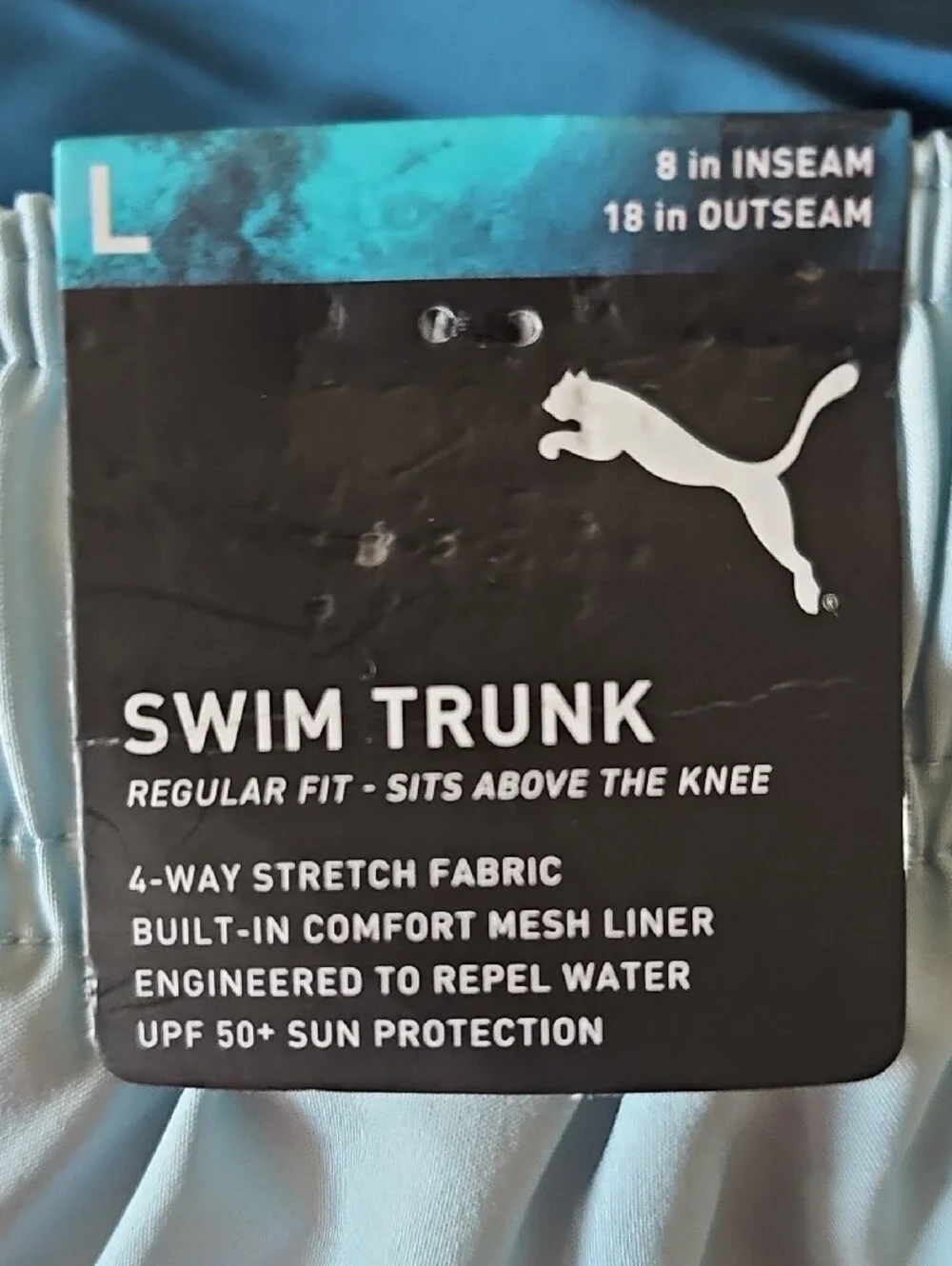Puma Men’s Light Blue and Navy Swim Shorts with White Graphic Large